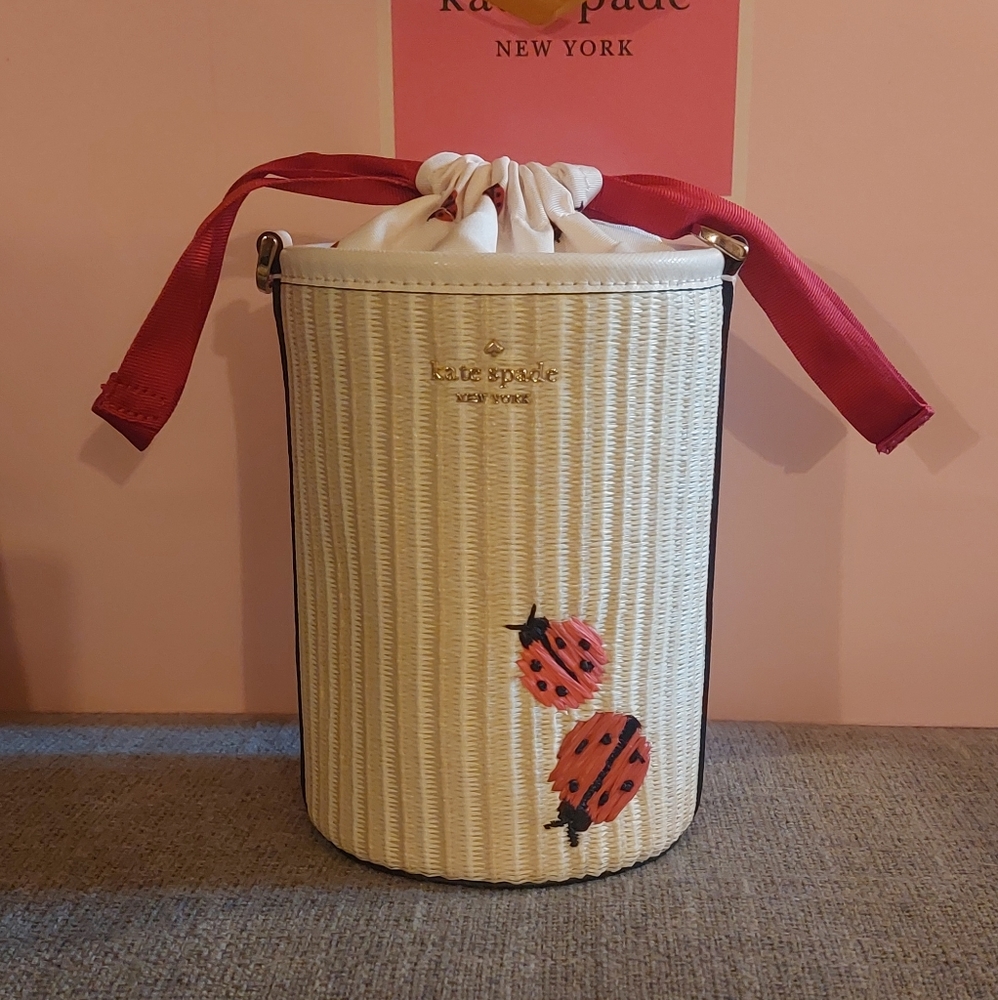 Kate Spade Dottie Embroidered Ladybug Straw Cylinder Crossbody 🐞